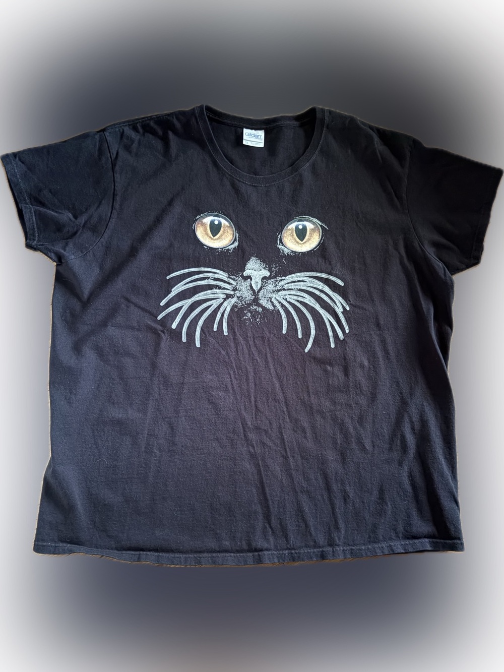Gildan Black T-Shirt with Gold Cat Eyes and White Whisker Graphic